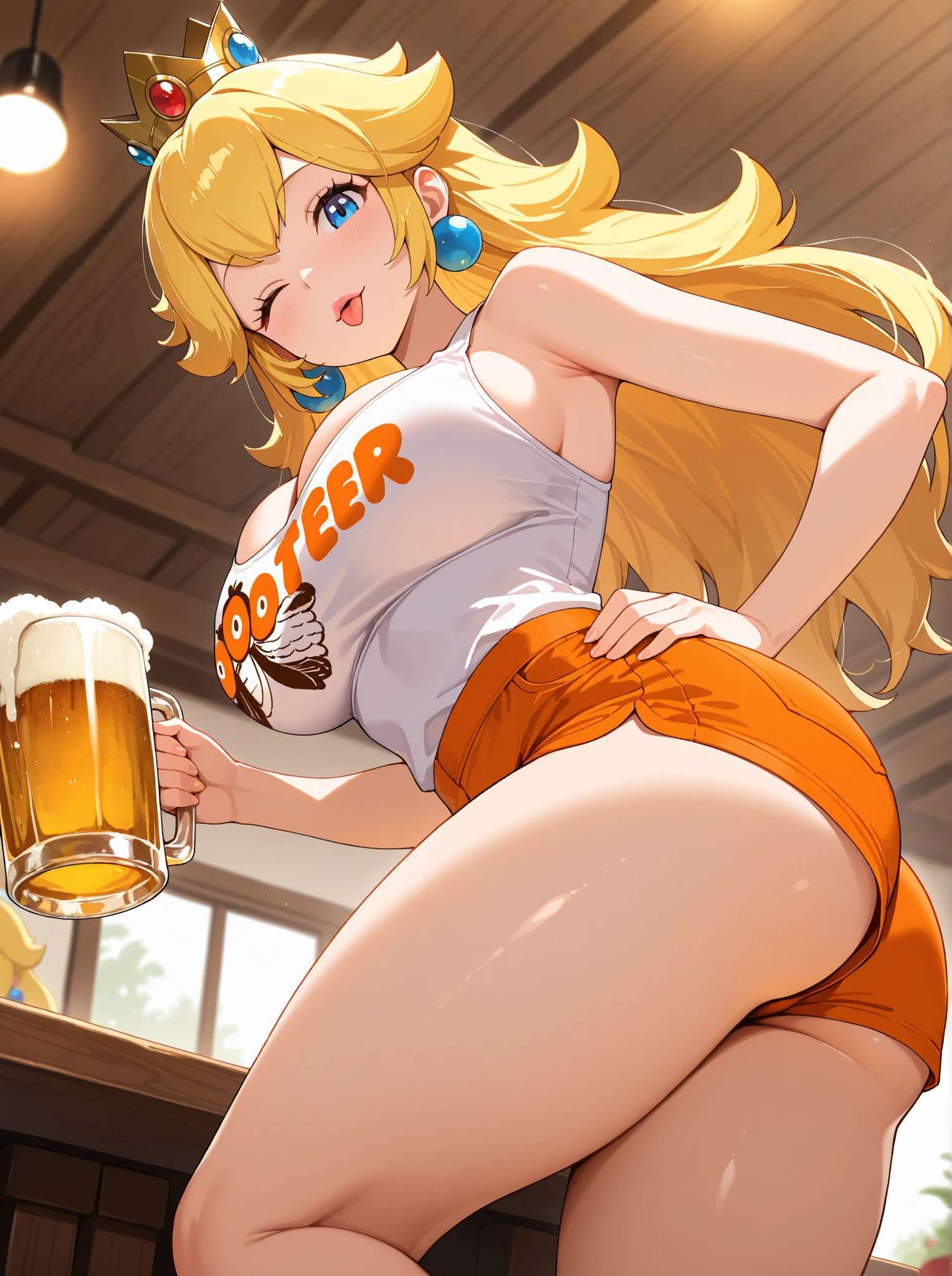 Big breasts, plump, thick body, long yellow hair, brown body, black bunny girl costume, black bunny girl headdress, black stockings, black high heels, exposed shoulders and thighs
