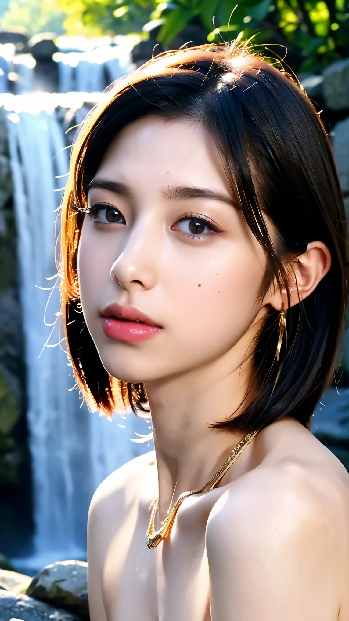 (masterpiece:1.3), (8k, realistic, RAW Photo, Highest Quality: 1.4), Japanese, (Female 1), A BEAUTIFUL FACE OVER THE GATE, (lively face), ( Short bob hair covering a waterfall:1.3), Beautiful hairstyle , dark brown hair color、realistic eyes, beautiful eyes on the stomach, (realistic Skin), beautiful skin, charm, Super fine, golden ratio, Detailed Makeup 、 Enchanting eyeshadow、 long eyelashes、moles around the mouth、 earrings、gorgeous gold necklace 、looking down from above、超Big Breasts、Big Breasts、 beautiful breasts、 Beautiful Pink Areolas 、 pink nipples with their mouth ajar and tongue sticking out are beautifully drawn down to the smallest detail:2.0、 Big Tree々Shadows are falling on the prairie、bright outdoors、small nipples near lips:2.0、small areolas:2.0,pointed nipples、rocket 、Feeling Face、orgasm、 ahehe