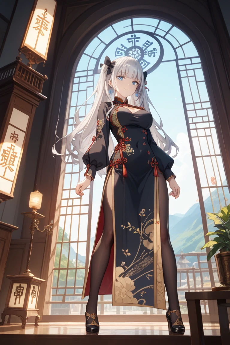 A woman wearing a black kimono with long sleeves, kimono with gold and red details, long silver hair, red bangs, multi-colored hair, yellow eyes, walking in a traditional Japanese garden, Japanese shoes, big breasts, smiling, horns.(solo woman), glow, drop shadow, flower, UHD, masterpiece, accurate, anatomically correct, textured skin, super detail, high quality, best quality, 8k, high resolution, bokeh effect.