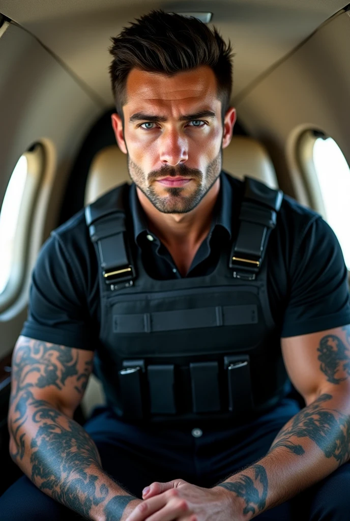 (uma personagem) do jogo (IMVU) detalhado, masculino, ectomorph defined muscle, airplane pilot, com farda branca, cabelo do ((Davidbeckham)), Barba do (Davidbeckham), the pilot in the cockpit of the plane about to take off to Scotland, e sua ((Steward)) do lado