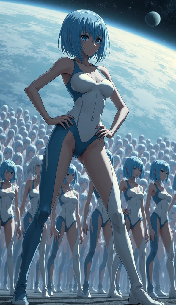 Thousands of identical bikini babes, +100girls, blonde hair, identical sisters, clones, only girls, girls standing in formation, girls standing in many rows, girls standing in front of viewer, matching hairstyles, blue bikini swimsuits, matching outfits, matching bikinis, identical bikinis, matching faces, crowd shot, indoors, factory