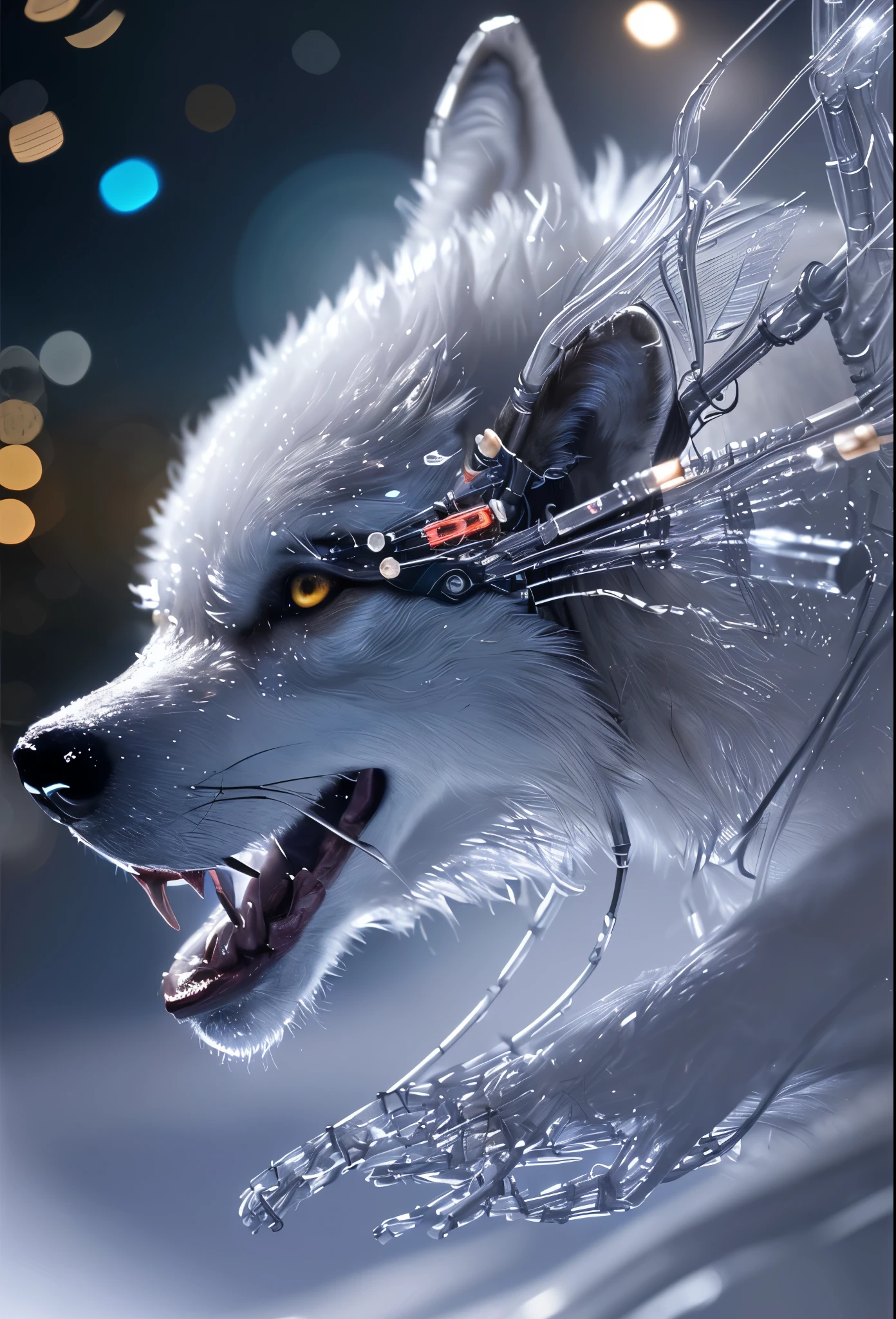 mesmerizing realistic photo of a (cybernetic wolf figure made entirely of luminescent and translucent materials from another world:1.05) (trying to pull artificial skin over cybernetic implants :1.2), transparent body, veins with red liquid, bones and heart visible through translucent fabrics and transparent wolf skin, intricate fabric details, soft natural light, Translucent bioluminescent materials, long jaws, Ultra-realistic, (Voronoi pattern, depth of field, (swirling bokeh:1.275), (Kodak portra 400:0.875) :1.15), (complex realistic futuristic background, many futuristic kitchen devices :1.1), shiny glass, (Hoop lighting, discreet light:1.15), celestial, ethereal, epic, magical flashes of light , Soft and dreamy natural lighting, (( Hot yellow and deep carbon :0.7), ( cinematic visual :1.15):1.15)