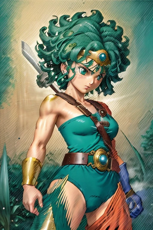 Anime Artwork Anime Artwork Masterpiece,Highest quality, Unreal Engine, Ultra-high resolution, Very detailed丸い胸, 1 person with medium chest, Waist, thin,(Muscular:0.9)
heroine,
Circlet, Curly Hair, Green Hair, short hair, Asymmetrical clothing, leotard, belt, One-handed gloves, Single Sleeve, Single Thigh High Cave, Holding a sword, . Anime Style, Key Visual, Vibrant, Studio Anime, Very detailed、Crippling、Hurt、come under heavy attack、Get on both knees、