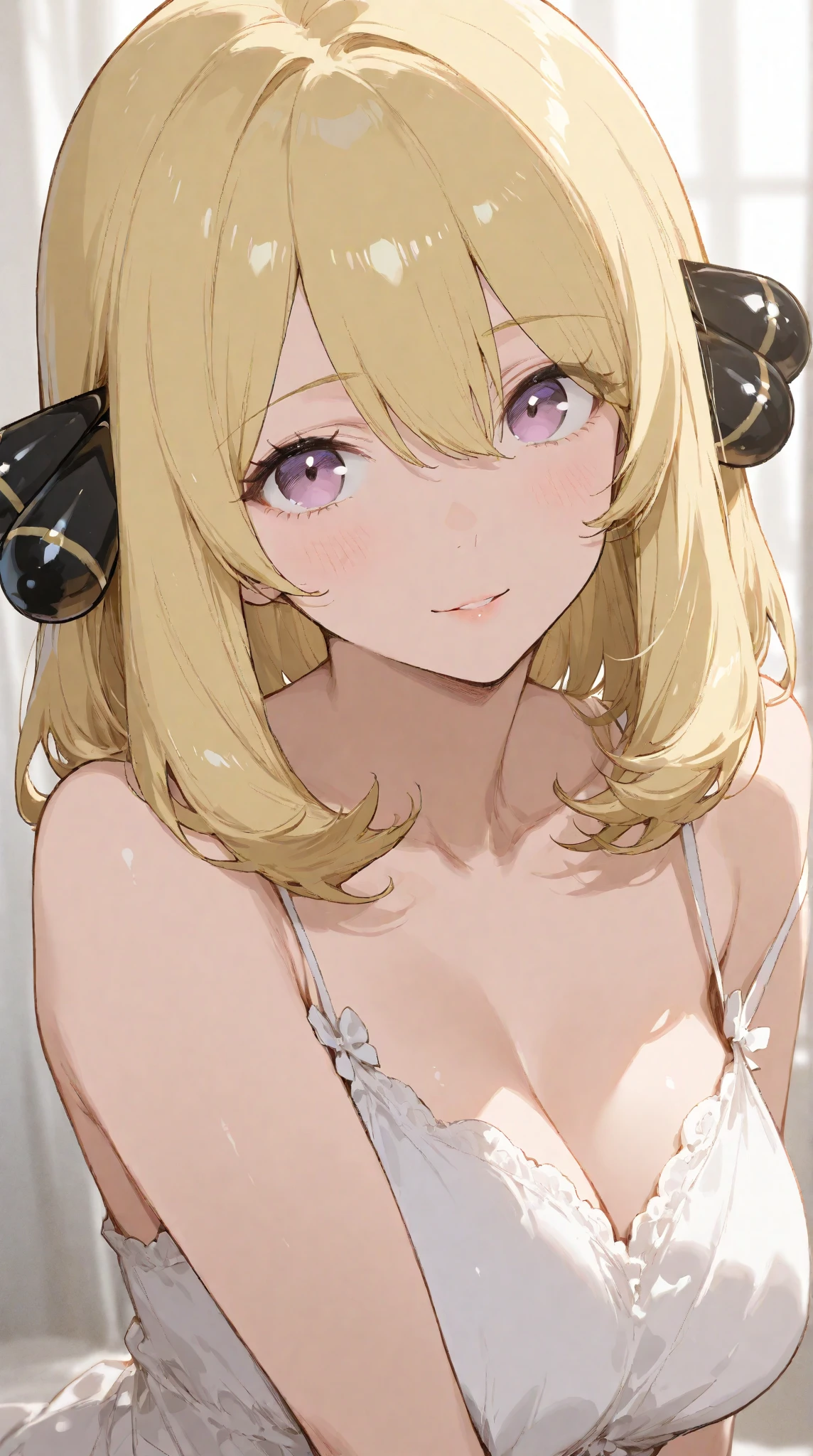 masterpiece, best quality, haruka (senran kagura), green eyes, short hair, blonde hair, pink bow, ribbon, portrait, breasts, <lora:senran kagura_haruka_xl:1>