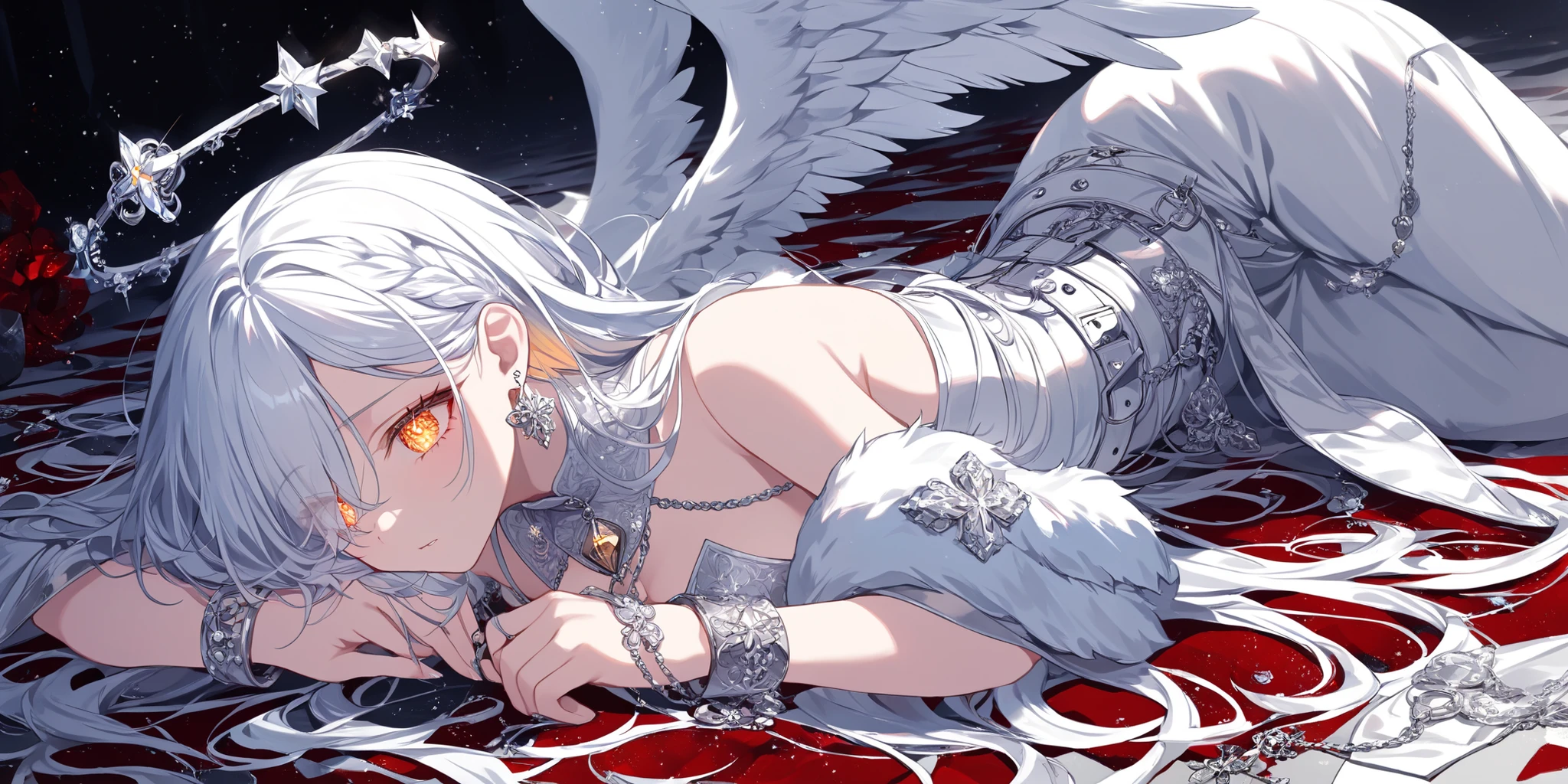 The girl is an angel. She has white skin, long white hair combed to one side and part of her hair covers half of her face. She has light orange eyes with starry sparkling pupils. She is dressed in a black-white outfit: a silver corset, bell-bottomed trousers, a silver belt with pendants, and a white short furry fur coat. She has a lot of silver jewelry with large diamond earrings, pendants on a checker, a bracelet, and rings with diamonds. She has two black huge mother-of-pearl wings on her back and him above her head. She has a hopeless face, laying down on the ground in the hell, dark red color.
