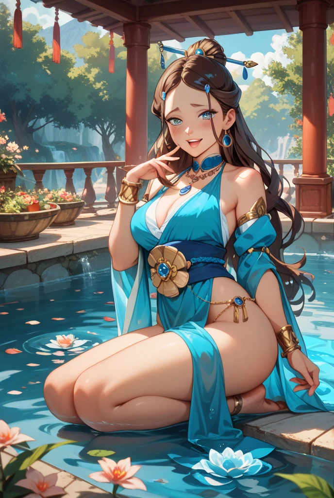 Two women in their 20s、 Fantasia、offcial art, unity 8k wall paper, ultra-detailliert, beautifly、Aesthetic, masterpiece, top-quality、high-detail、A hyper-realistic、Photorealsitic、Braids、Bunching hair、Black eyes、depth of fields, Fantastic atmosphere, Calm palette, tranquil mood, Soft shading、bbw、very large breast、plump figure、Huge breasts、stone buildings、Desert Oasis、Woman in swimsuit、Playing in the water、