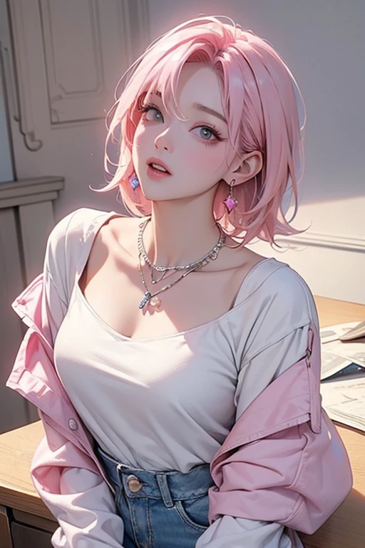 Best Quality,High resolution,8k,(plain white background, no patterns, no textures, just a plain white background:1.3),Masterpiece:1.2),beautiful girl,Shiny pink hair,messy hair,Pink eyes,off shoulder, paired with pre-ripped jeans, colorful cotton fabric with a subtle pattern, casual sneakers with a pop of color, Accessories include a playful pendant necklace and colorful stud earrings,Gentle look,A refreshing look,smile,Best quality,Best Quality,Aesthetic and aesthetic:1.2,Best details((Super detailed))(High-definition CG illustrations),Slender body,smile,blush,cute,Scrounge,Looking up,Being spoiled,super model