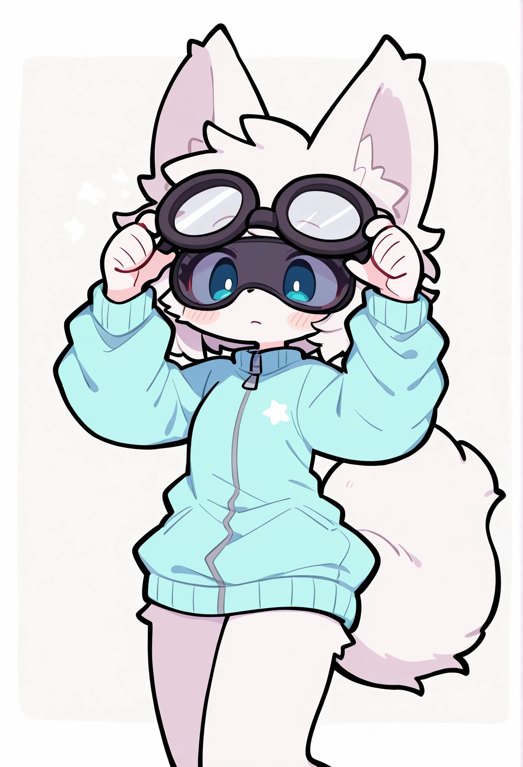 white fox, pastel blue jacket, long sleeves, Mangas running your wrist, Black goggles glasses, muito sexy