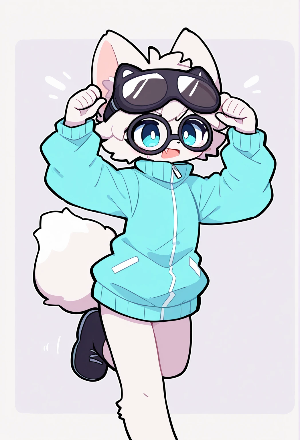 white fox, pastel blue jacket, long sleeves, Mangas running your wrist, Black goggles glasses, muito sexy