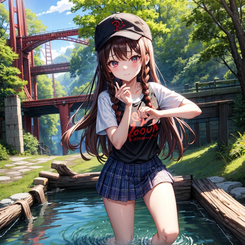 A woman is squatting with her legs closed、Looking this way、I'm wearing a miniskirt、I'm wearing long boots、I have medium length black hair、The place is an amusement park、
