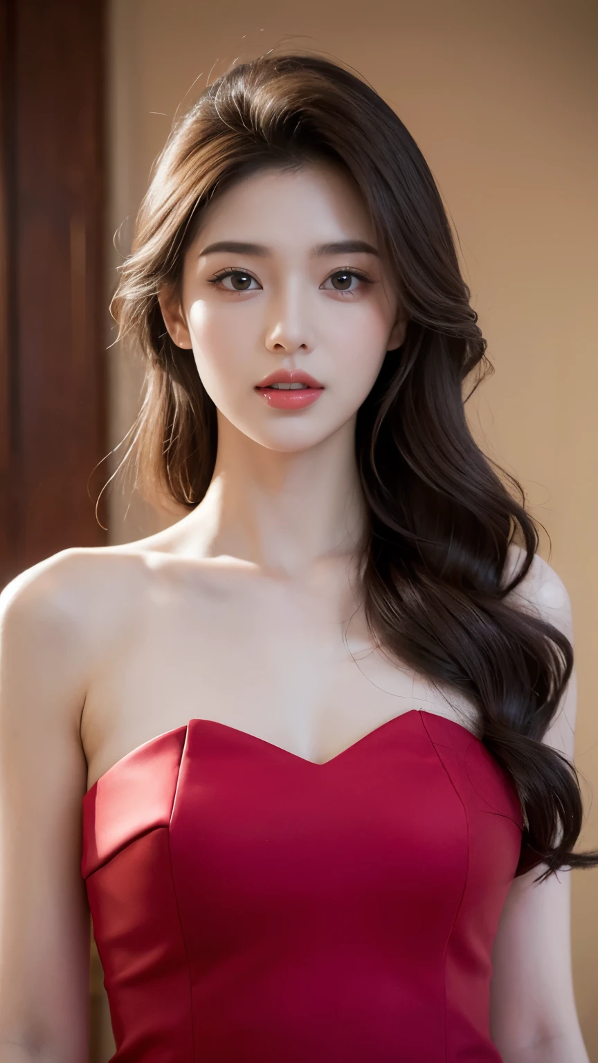 Korean Girls, 18-year-old, A stunning face, Wearing a bright red gown, Half-body shot for an elegant look, Taken with high resolution photos. Gray blurry background, Improve image resolution and detail. The girl smiles gently, Her eyes shine like stardust, Adding glamour to ultra-realistic captures. bust, What'Hiding under the yellow dress?, Show off your perfect anatomy. The soft light of nature envelops the scenery., Create a white aura around the girl