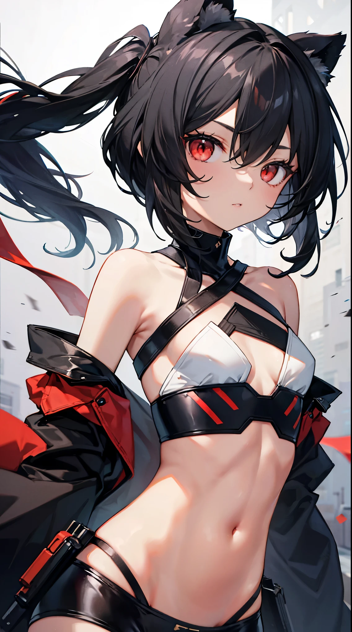Latest type of Kimetsu no Yaiba, create a female character with light brown hair, Red eyes, White skin, parts, medium body with curves and has a beautiful demon hunter suit that makes her look curvy and with a totally red and black katana,