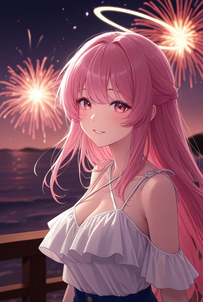 (masterpiece,highest quality, detailed), One girl, alone, Lying on the beach,Point your ass to the camera,Ocean, Fireworks at night, whole body,bikini,Sweat, Ahegao, Roll your eyes, blush, naked、Pink Hair,Messy wavy long hair,open chest white shirt、Black underwear,A tight-fitting shirt、Big Breasts