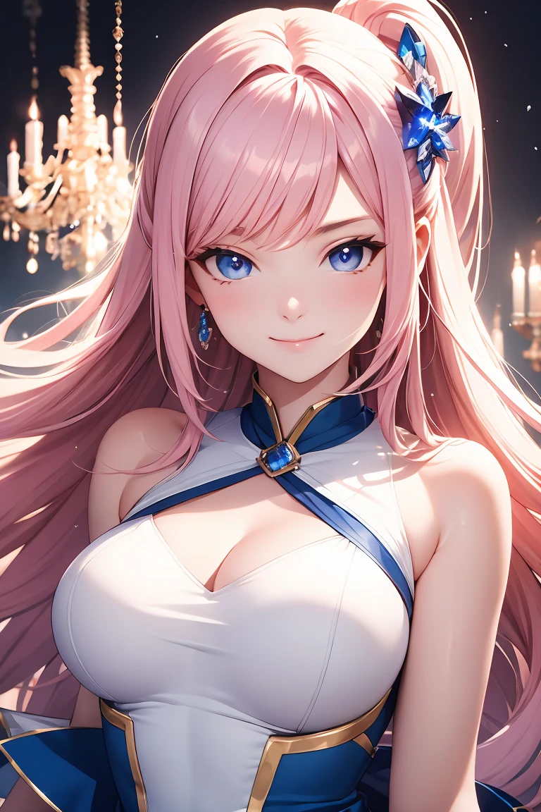 table top, High resolution, 8k, anime woman, delicate and detailed writing 、detailed digital illustration、long hair and shiny、bangs、very beautiful woman、eyes are double, big, Bust is H cup、high resolution, high quality、detailed background、(((Idolの衣装を着て)))、((pink room background))、(whole)、瞳の中がダイヤモンドのようにshineます、light pink hair、gradient pupil、(((2 arms、4 fingers, 1 thumb)))、detailed female face、She is a very beautiful and cute woman、、detailed background、masterpiece、soft focus , bright gradient watercolor , Lens flare , (((Sparkling))) , shine , dream-like , I don't have anything on hand、Idol、pink ribbon、very beautiful red rose hair accessory、(revealing pink and gold outfit:1.3)、The main costume is white、((big breasts))、Raise the hand、