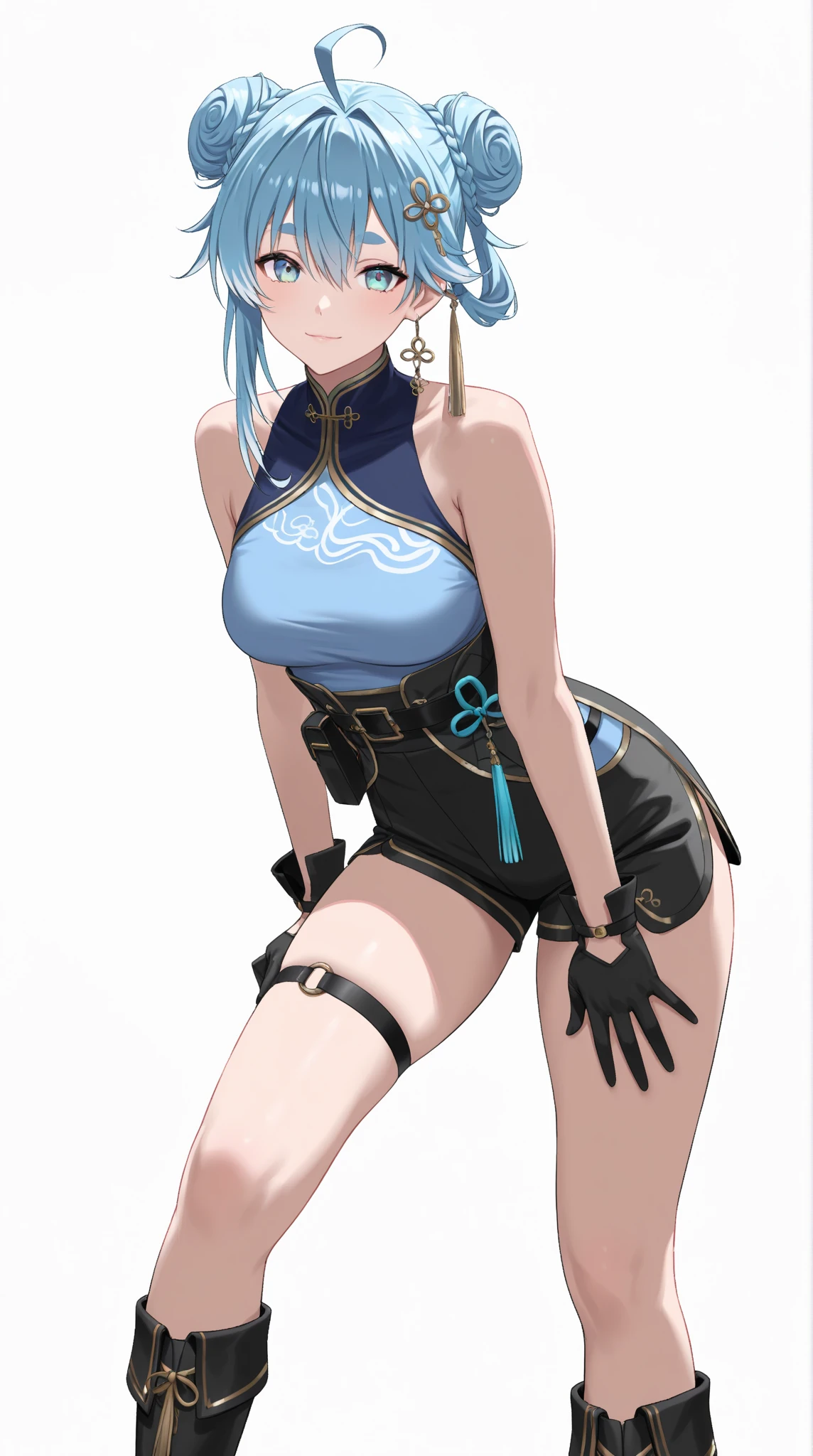 In Yusuke Murata style, Hold the pose, but draw with flat colors, cel shading, limited color palette and simplified lighting. sexy girl on the coast, with a big ass leaning against a bar.