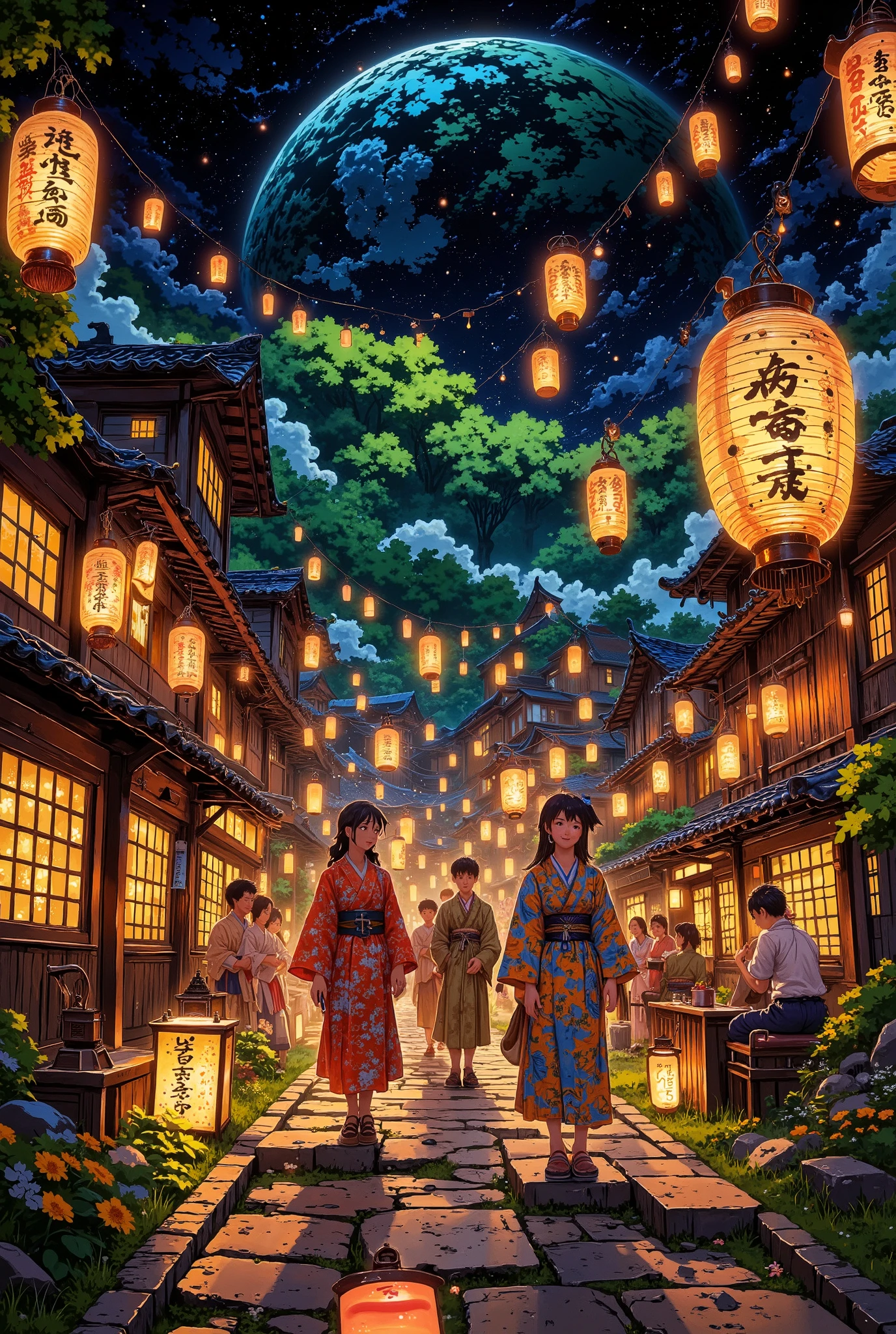 Traditional japanese village gathering scene during a festival, with lanterns illuminating the night and villagers in traditional attire