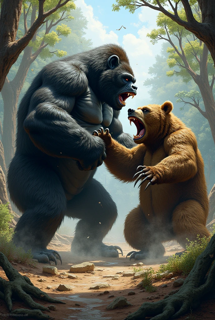Create a realistic image of a Gorilla fighting a black bear, The bear should have white fur around its eyes and both should have angry expressions.