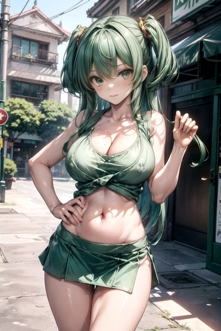 Perfect CG unity 8K UHD wallpaper( Latina girl with ((((( huge fake breasts:40.7 ))))) cleavage showing bodybuilder toned muscular body, pale skin, long dyed green hair, vibrant and shining eyes in the moonlight, long detailed eyelashes) seductive sexy smile facial expression, blushing, thick thighs, standing in a dynamic pose, in a gym, PERFECT MASTERPIECE, Best quality, best resolution, naked, nude #naked #nude