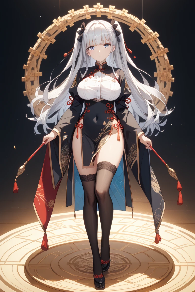 top-quality,Top image quality,in 8K,4K,​masterpiece,ultra-detailliert,Beautiful、ultra-quality, best quality,high resolution, ultra-detailed,game cg,dutch angle ,beautiful detailed eyes, visualart,five fingers, perfect hands,a beauty girl,(front face),(front view),double bun, yellow eye, horns, antlers, hair ornament, japanese clothes, black kimono,golden embroidery, black high heels, pantyhose, black bodystocking, bow, elbow gloves,(cowboy shot),happy smile