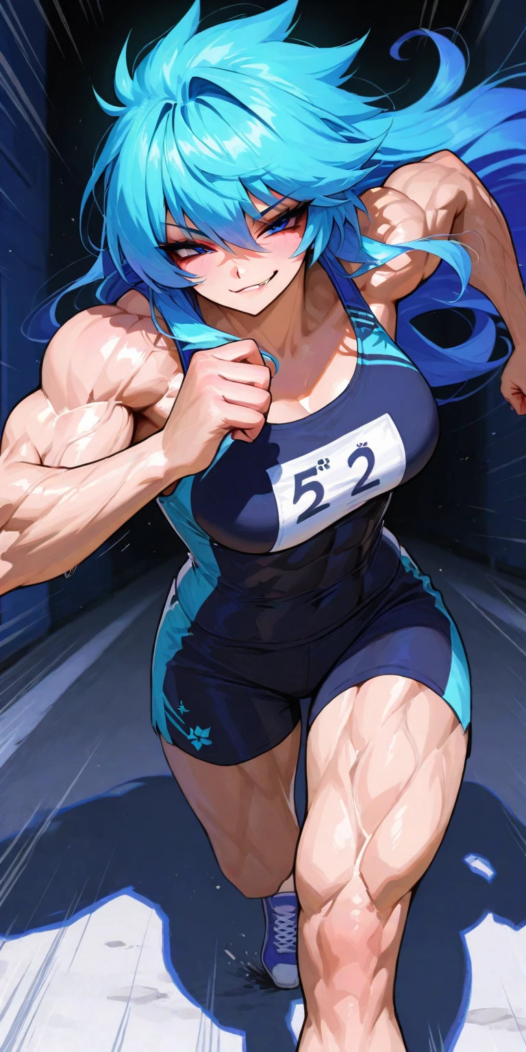 (Best Quality), (masterpiece), (High resolution), (Anime Heroine Illustration),,solo,girl with horse ears,smiling,back turned to the viewer,big muscle butt,Slacks,sporty clothing,soccer field,diamond,multicolored hair,multicolored eyes,muscular female,mature female