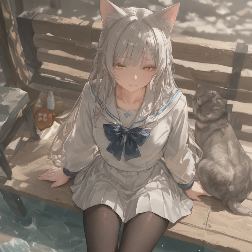 (realistic, professional photos:1.1), Yukiaro, fine hair, fine eyes, cute face,flower garden,looking at the viewer, Crown of flowers on the head,, off shoulder sweater,mini skirt,white knee high socks,Brown Short Boots,Cat ear,cat tail ,sitting,smile,Eyes closed