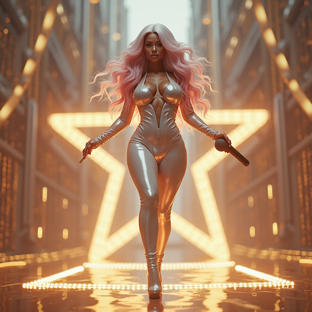nicki minaj in front of a pink ufo , with long pink hair