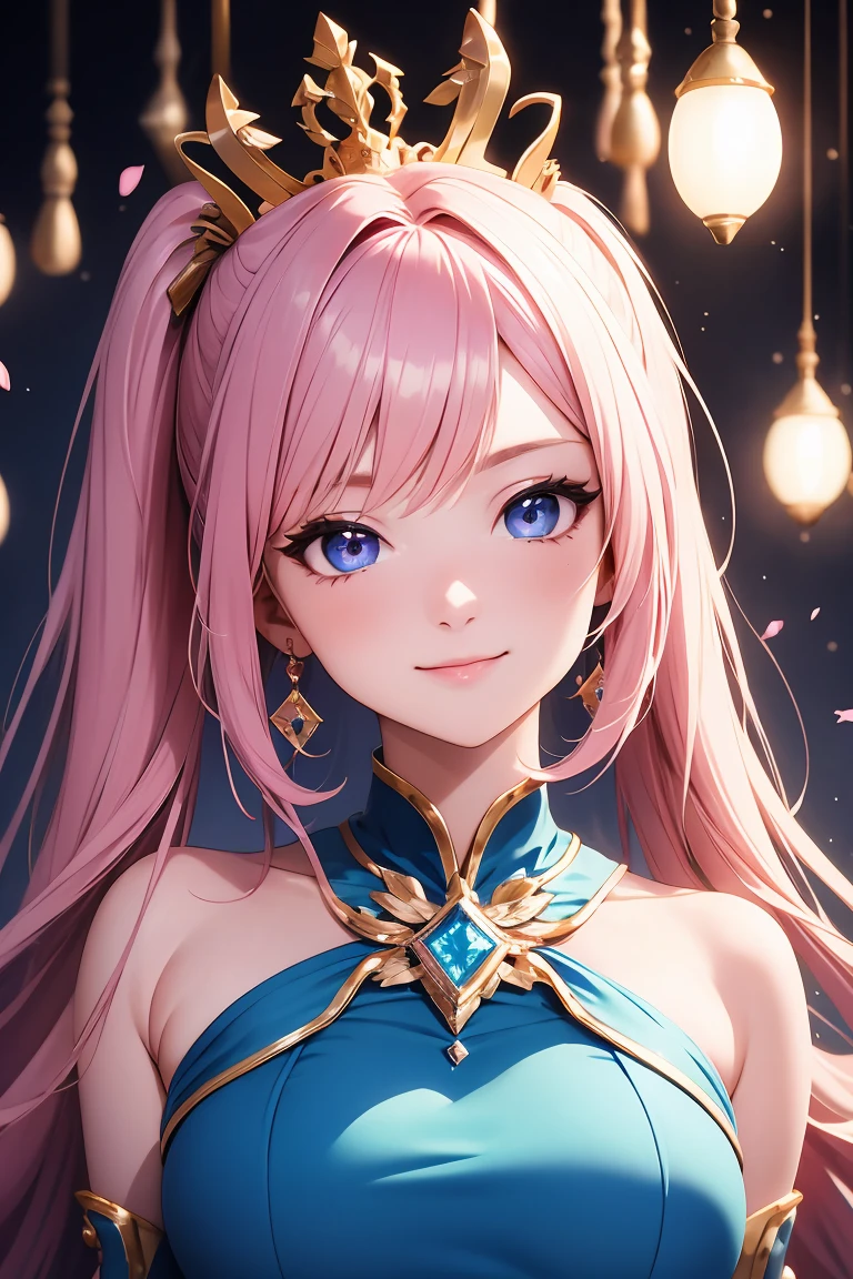 nsfw,masterpiece、highest quality、High resolution、high quality images、8K, 1 female、skin luster、skin texture、Expression of fine eyes、(Shiny bright golden hair:1.4),Girl with long braided hair, realism, Detailed manga style, manga art style, perfect line drawing, beautiful line drawing, digital manga art girl, beautiful light blue eyes, Clear, beautiful eyes、plump lips, Detailed gorgeous face, (cute smile), charm, Front view, (perfectly detailed face), (fine hands) 、photorealistic images, Depth of written boundary, Princess hairstyle, Princess、Corolla on the head  , face forward , night sky , night view ，beautiful starry sky  , romanticism、(Princess gorgeous pink dress:1.5)、(medium breasts:1.5)、smile、blush、princess tiara、fluffy hair、Gorgeous blue sparkling earrings、Gorgeous gold bracelet、Gorgeous gold anklets、Palace balcony、Nadia: The Secret of Blue Water Necklace、(oblong face:1.5)、(Sparkling Glitter:1.2)、Cover your forehead with bangs、Bangs between the eyes、(full body:1.0)、(standing:1.3)、(bust shot:1.6)