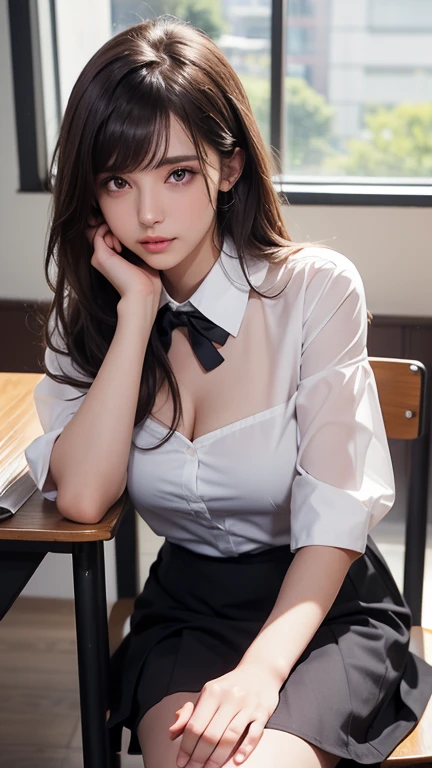 ((Highest quality, High resolution, Hmph, Pixel perfect, 4K, Hmph, Hmph))), single, alone, Beauty、The whole body is visible、 ((Long Hair, bangs, Brown Hair)), ((Brown eyes, Beautiful eyelashes, Realistic eyes)), ((Detailed face, Blushing:1.2)), ((Smooth texture:0.75, Realistic texture:0.65, Realistic:1.1, Detailed Photos)), Medium chest, Dynamic Angle, Perfect body, ((Unbuttoned shirt、I'm not wearing shoes、White Sox)), An empty classroom、Sit at a desk、Lower&#39;I took my feet off the desk.............................................................、evening、、、Very embarrassing panic smile、(Spread your legs、Knees wide open、Floral lace panties)、、(Pink lace bra)、Angle from below、((Prostitute))、((Sexy))
