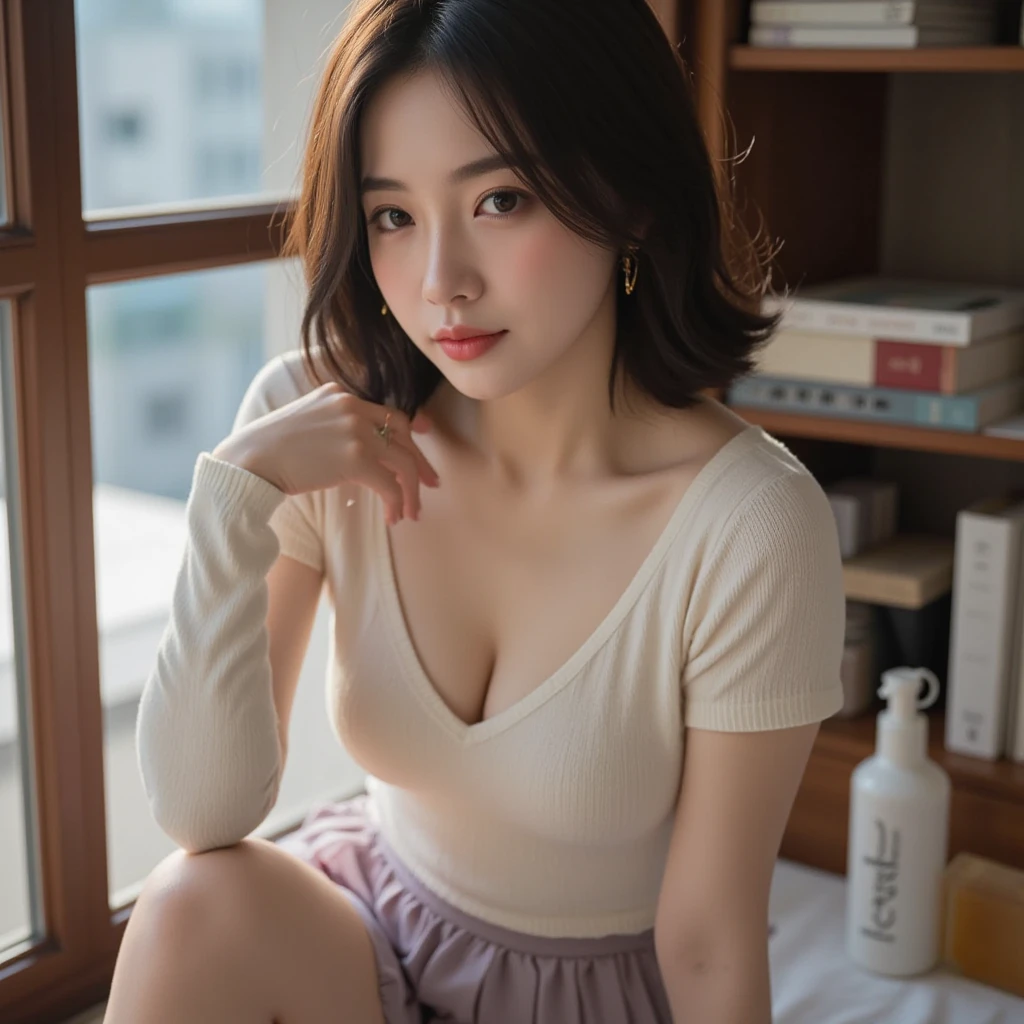 ((top quality, 8k, masterpiece: 1.3, raw photo)), Sharp Focus: 1.2, (1 aespa girl: 1.2), (Realistic, Photorealistic: 1.37), (face focus: 1.1), cute face, small breasts, flat chest, short hair, (white camisole: 1.1), business skirt, sitting, cafe, hand on cheek, from below, sunlight, movie lighting,
