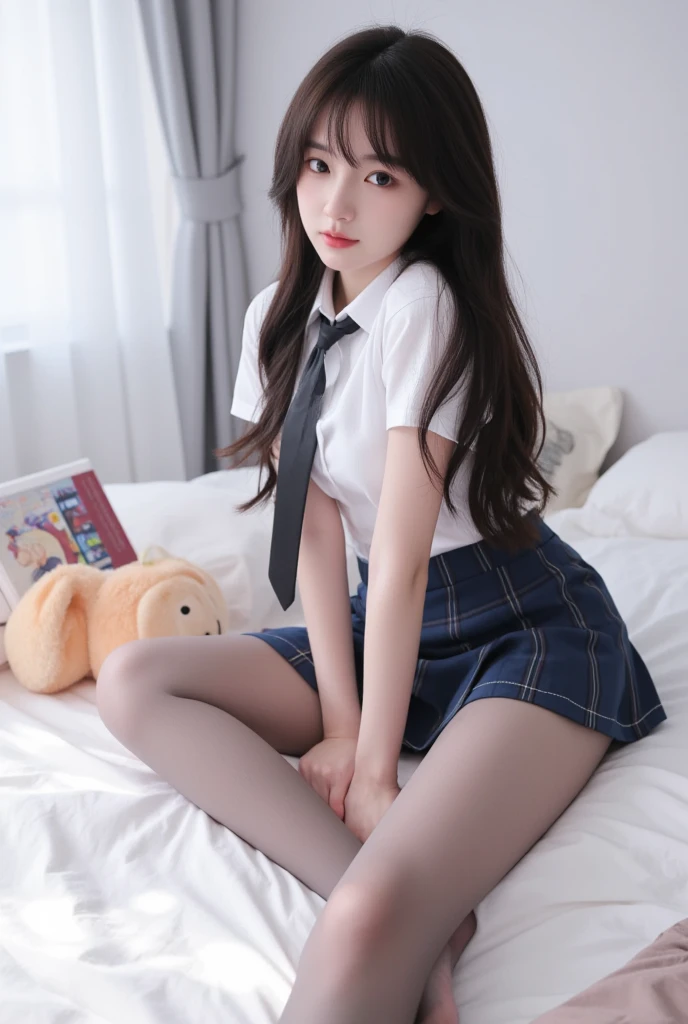 Real person, best quality, masterpiece, super high resolution, realistic, realistic, , lying in bed, school uniform, spread legs, white stockings