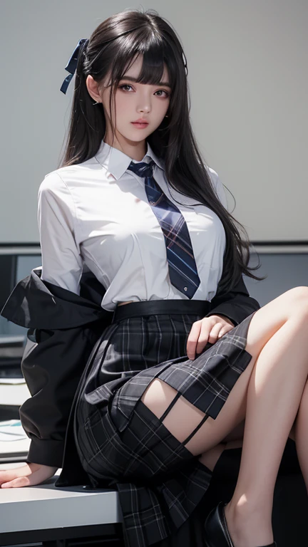 (Black Garter High Socks:1.5)、((Crossed legs:1.5)),Ultra-high resolution、(((Blunt bangs, Princess Bang))), (((Very heavy,Voluminous bangs:1.1))),(((very length, Very heavy,Very voluminous side locks:1.1))),, Princess Cut, Straight bangs hairstyle, Round face with Blunt bangs, length, Glossless hair、Bangs cut straight,(masterpiece, Highest quality:1.5), (Ultra-fine 8K CG:1.4), (hyperRealistic:1.25), (PhotoRealistic:1.25), (Realistic:1.4), Cowboy Shot, (One from the front.4), (Smile 1.3), Beautiful Japan, , Supermodel, Japanese Idols, (evil grin:1.5), Big Breasts, Sweat、(school uniform:1.5)、(sitting on a chair in the classroom)、Accentuate your cleavage:1.5、Black Hair:1.2、Full body image、((Real person:1.5))、((From below:1.5))