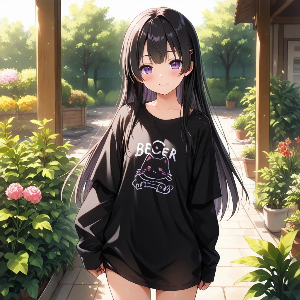 obra maestra,of the highest quality,high resolution ,1 chica,rapid eye movement, re cero, ,((long hair slightly wavy slightly past the shoulders, black bangs, small black pigtails on the sides, cute cat ears, beautiful thin red eyes)),,pechos grandes,piel blanca,((sweater,transparente)),((raya)),((sweaterのみ)),bolsas debajo de los ojos,sonrisa,orejas de animales,Chemomimi,felicidad,hombros descubiertos,magnificent々nuevo,lindo,((lindo paisaje))