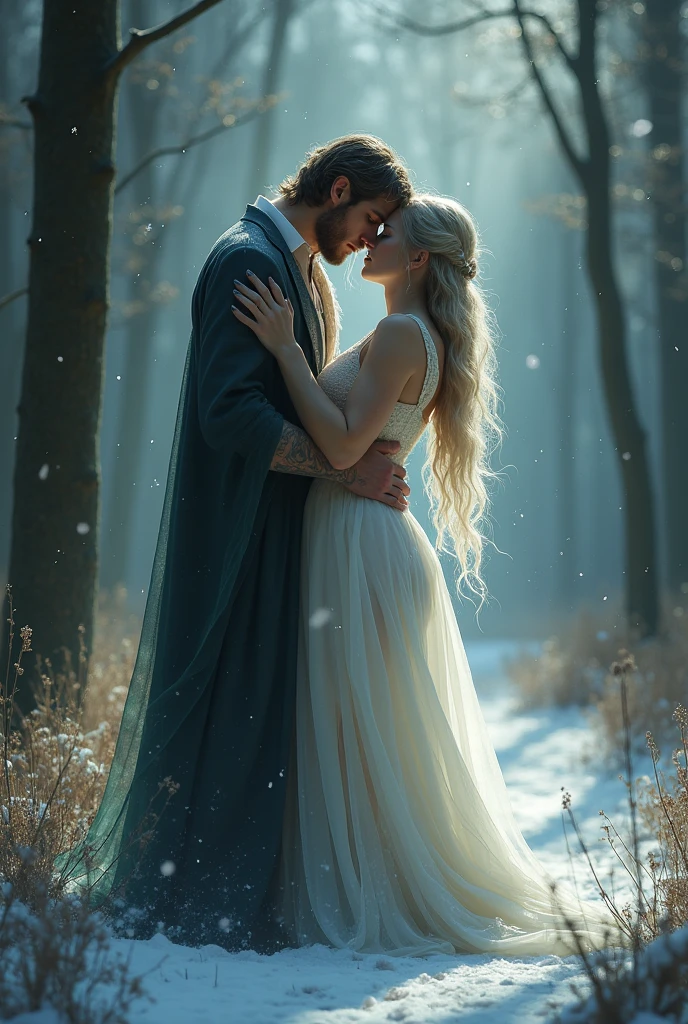 Winter couple Fantasy Love Magic Forest Long Hair Dark
, haze, ultra-detailed, film photography, light leaks, Larry Bud Melman, trending on artstation, sharp focus, studio photo, intricate details, highly detailed, by greg rutkowski
