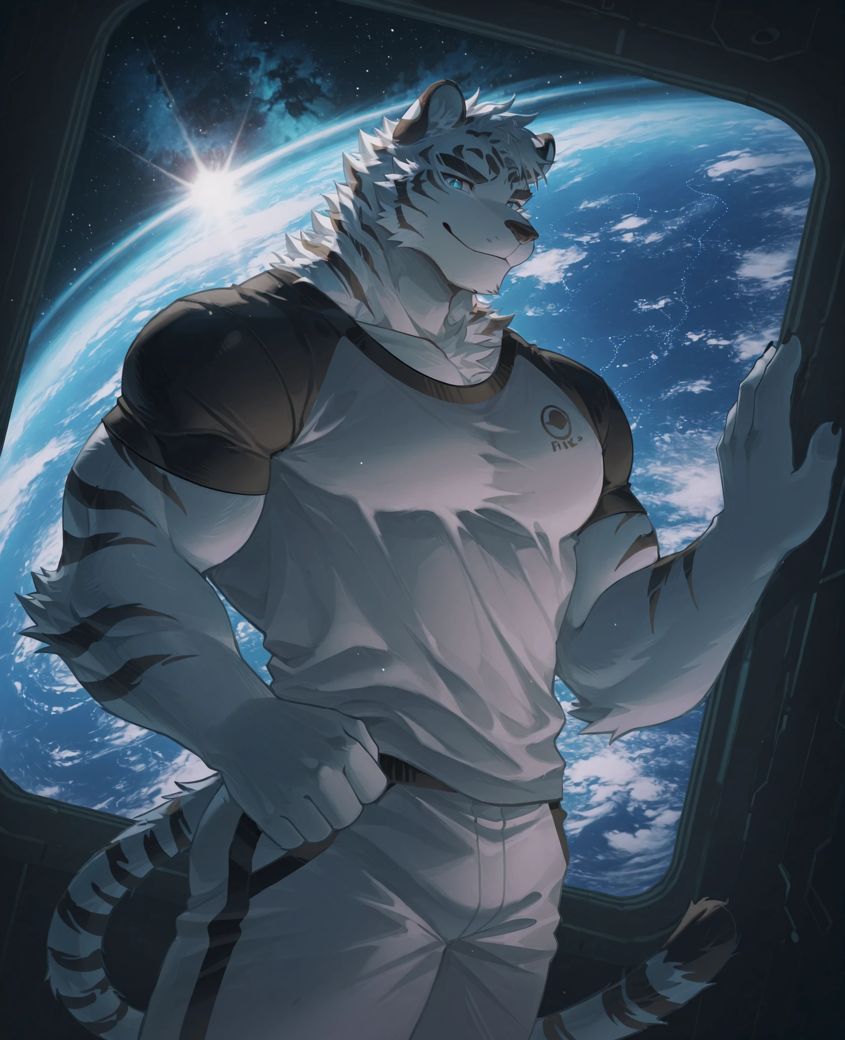 sfw,masterpiece,UHD,solo,highres,best quality,anatomically correct,furry male,(white tiger),collarbone,(white fur:1.5,black figure),short white hair,black eyebrow,snout,(detailed eyes,blue eyes,detailed pupils,beautiful eyes),snout,animal ears,tiger ears,absurdres,shapely,handsome,tiger tail,cowboy_shot,(musclar:0.7),(sport wear,cyberpunk,open white jackeet,tight baseshirt,white pants),(5 fingers:1.1),(peaceful face,light smile),standing,greeting,in space_station,(window,earth in space,),ray tracing,looking_at_viewer,from_side:1.3,(bright light:1.2),bokeh,detailed background,Tyndall effect,dynamic angle,break,(wolftapioca:0.3,chung0u0,uiokv:0.5,(lindong:0.8),(by null-ghost:0.8),huashijw,(asteroid_ill:0.8),(smile \(qd4nsvik\):0.9)),cg,highres,sfw