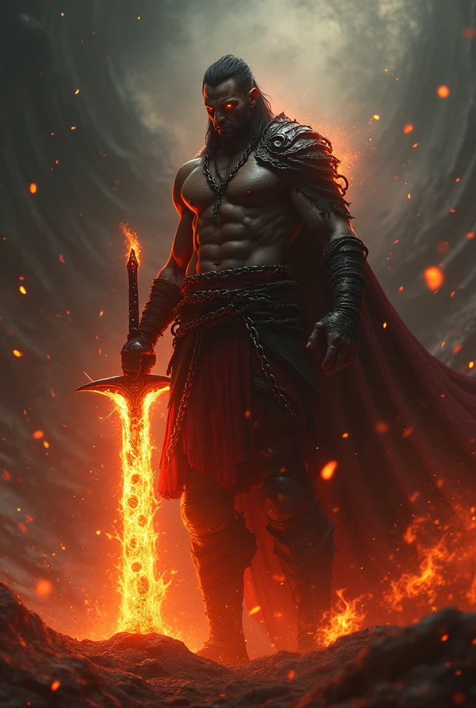 tall thin warrior,with their muscles visible in the color of gold,with a black sword in his right hand and a golden revolver in his left hand,on a battlefield full of red blood and the blue sky with red clouds in the background