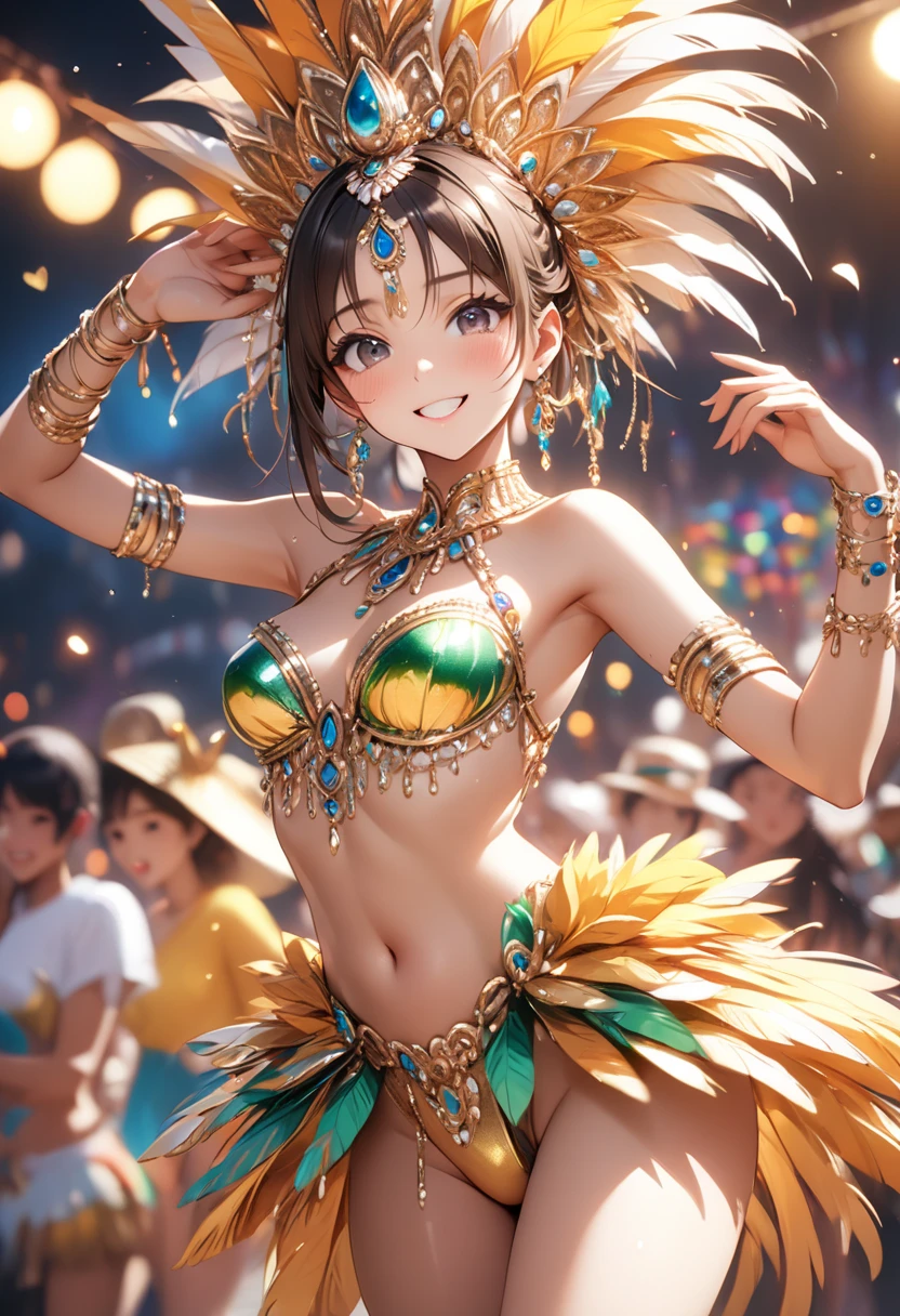 Hyper realistic super detailed sexy woman, Une fille confiante, NSFW, Very detailed, expressions faciales sexy, seductive facial expressions, [:(Face detail: 1.4): 0.4], 16K resolution, 4k resolution, dinamic lighting, High definition resolution, (sexy pose, Position attrayante), (hyper realistic: 1.4), (back light: 1.2), (Nuit: 1), (pleine hauteur: 1.8),(contrasting background: 1.5), (Anatomy of the hyperrealistic arm), (Hyperrealistic anatomy of the legs), (peau propre), (lighting cinematic: 1.7), (intime), (Technologie NVIDIA RTX Ray Tracing), (Anatomy of the hyperrealistic arm: 2), (Ventre plat parfait), (image couleur),Create a masterpiece in 4K resolution, ultra-realistic, and extremely detailed, featuring a vibrant Brazilian reveler at the Rio Carnival. The Brazilian is the central character in the artwork, radiating the energy, color, and excitement of this world-renowned celebration.

The Brazilian is adorned in an elaborate and colorful carnival costume, reflecting the rich traditions of Brazilian culture. Feathers, sequins, and intricate designs make up the outfit, and it should capture the spirit of the carnival. The costume may be inspired by samba, folklore, or other Brazilian themes.

The setting is the lively streets of Rio de Janeiro during Carnival, with crowds of revelers, floats, and samba dancers in the background. The lighting is dynamic, with the brilliant colors of the costume standing out against the festive atmosphere.

The Brazilian's expression is one of joy and enthusiasm, capturing the essence of the Rio Carnival. They may be dancing to samba music, waving a colorful flag, or engaging in the energetic spirit of the celebration.