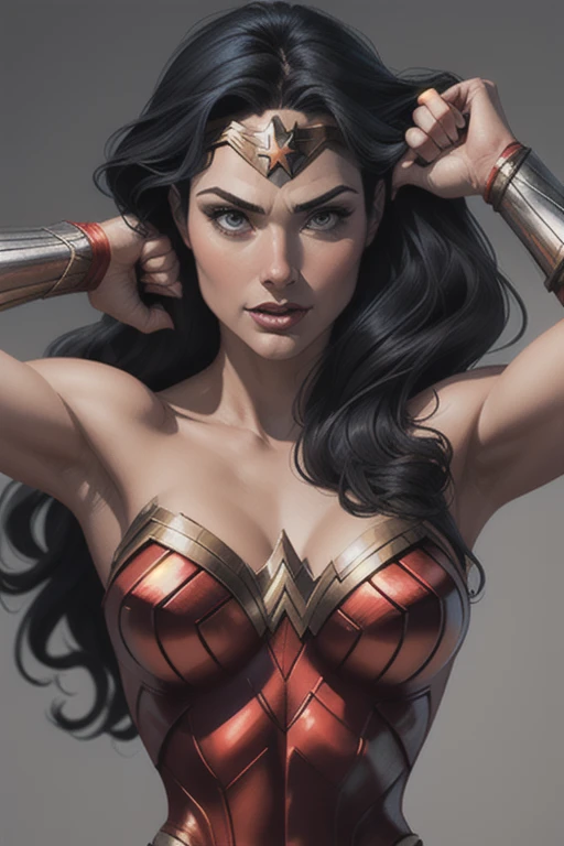(Victoria's Secret Model Wonder Woman), begging for her life, defeated, Wonder Woman, on all fours, 1girl, single, solo, full body, looking at viewer, (from below:1.3), ((intricate details, makeup), (delicate and beautiful delicate face, delicate and beautiful delicate eyes, face with perfect proportions), (realistic moist skin: 0.5), (drenched body: 0.5), (wet skin), wet hair, high-detail skin, delicate skin, best proportions four fingers and one thumb, strong and realistic blue eyes,  Realistic black hair, lips, makeup, natural skin texture, tiara, leotard, bulletproof cuffs, red boots, (public clothing:1.3), slightly sunburned skin tone, mature, sexy, elastic muscles, (muscles:1.2), ((strong and healthy body)), ((((more) muscles))), long legs, curves, thick thighs, wide buttocks, thin legs, (big breasts: 1.2), thin waist, soft waist, (delicate skin), (beautiful and sexy woman), (swollen lips):  0.9), (eyelashes: 1.2), very delicate muscle definition, ((top quality)), ((masterpiece)), ((realistic)), (detailed), detailed background, realistic texture, resolute look, basement, garbage, dirty,