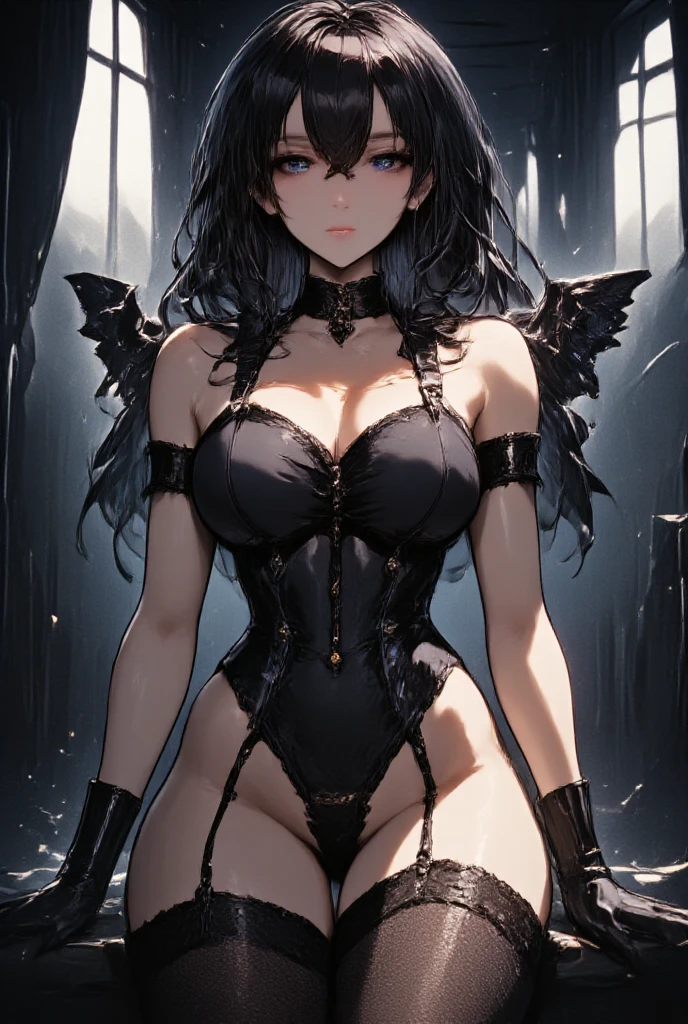 a girl monster, slave, chained, beautiful, detailed portrait, delicate facial features, piercing eyes, sharp fangs, pale skin, thick chains, dark background, cinematic lighting, dramatic shadows, gothic style, moody atmosphere, dark fantasy, high contrast, muted colors