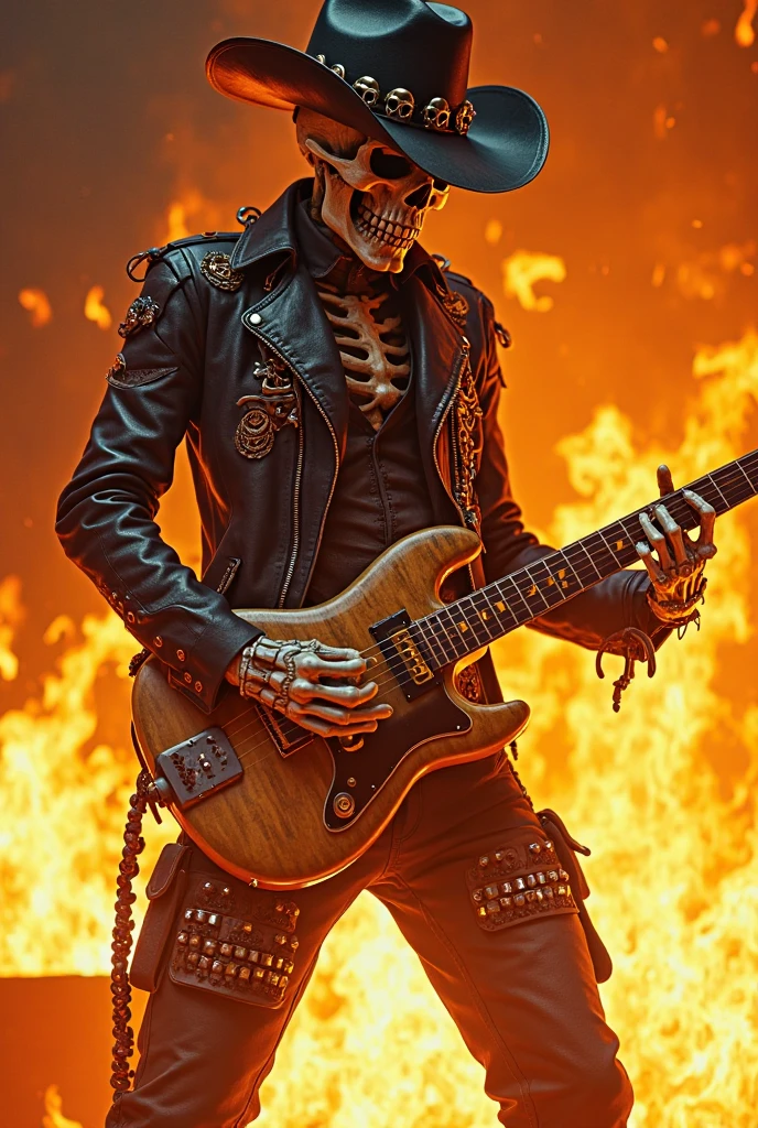 create an image of a scary full-length skull wearing black clothes with a black headdress and gold jewelry and a chain with a "TJ" pendant, smoking a cigarette and playing a Les Paul guitar next to a nearly empty bottle of whiskey and a Harley Davidson motorcycle, with a wooden house on fire in the background of the image giving a feeling of complete chaos