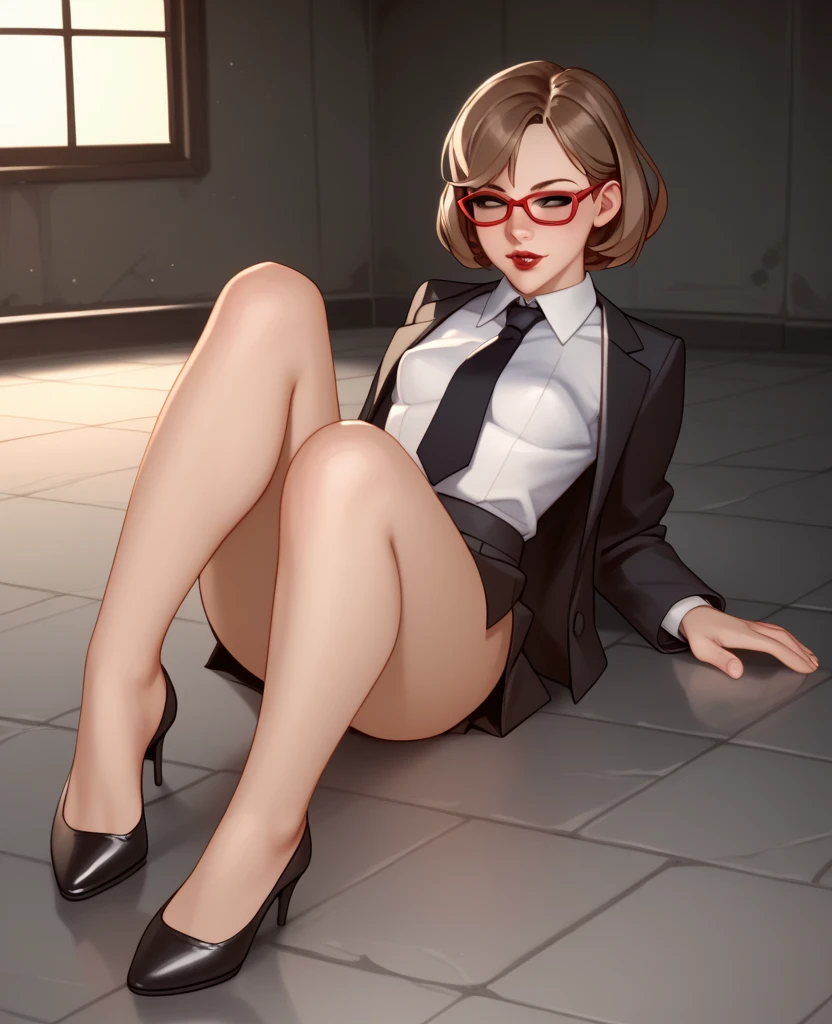 realistic photo, (mastetpiece, ,perfect body, taintrd skin, short hair, high heels, Math Teacher, square glasses, lingerie, huge breasts:1.6, naked breasts. pen in mouth, spread leds, wide spreaded legs, no panties, no bra, no clothes except jacket and skirt, exposeg genitals, detailed genitals, showing genitals, full height, angry:0.8, hands up, hands up head, view from bellow, long metall tube puted in genitals