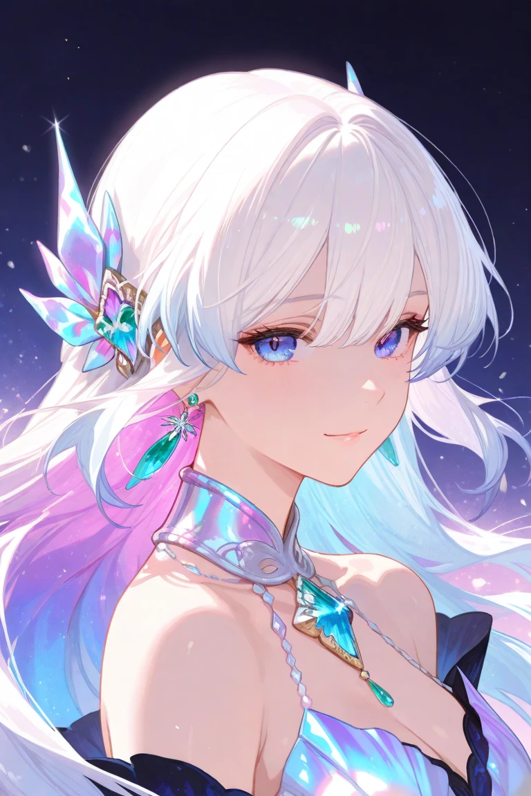 young girl with long light purple hair, purple eyes, fox ears, two crystal foxtails, and three crystal marks on the forehead