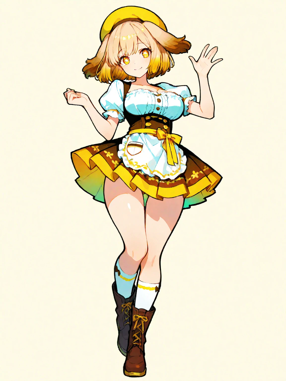 ringo \(Touhou\), by rubio, short hair, taxi driver hat, Orange shirt, belly button, rabbit ears, Red eyes, clavicle, ruffled dress, yellow shorts, big breasts, detailed face, detailed eyes, detailed hair, kneeling on her back showing anus