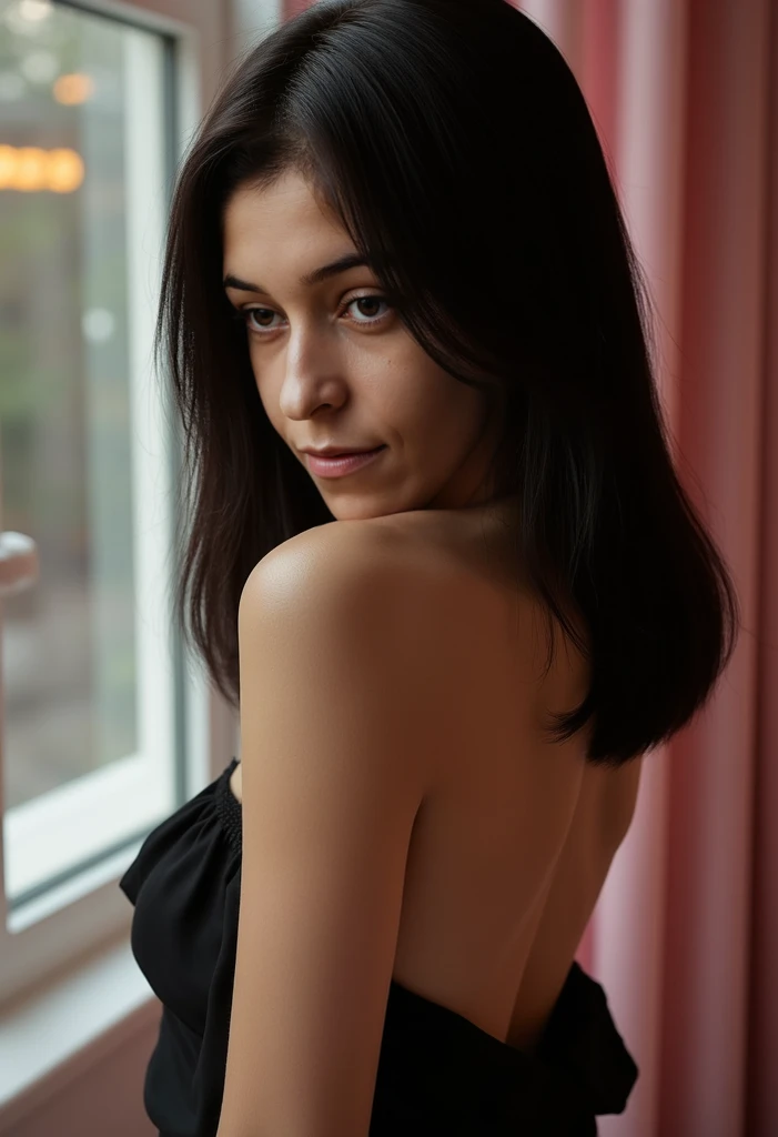 a 15 year old Russian girl, a room in imperial Russia, standing naked looking at herself in the large mirror, luxurious place, white girl, black hair, blue eyes, sensual look, she is horny