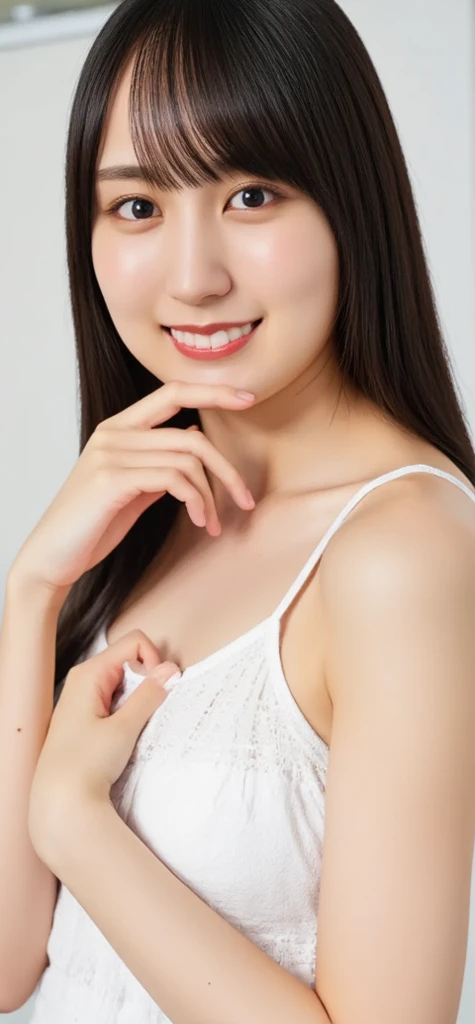 (8K、RAW Photos、Highest quality、masterpiece:1.2)、(Realistic、Realistic)、1 girl、((Micro Bikini:1.5、With pubic hair、Large Breasts、Full body from the front、Standing with hands behind back、))、Lots of eyelashes、Glowing eyelids、skeletally correct、smile、This photo will awaken boys to sex