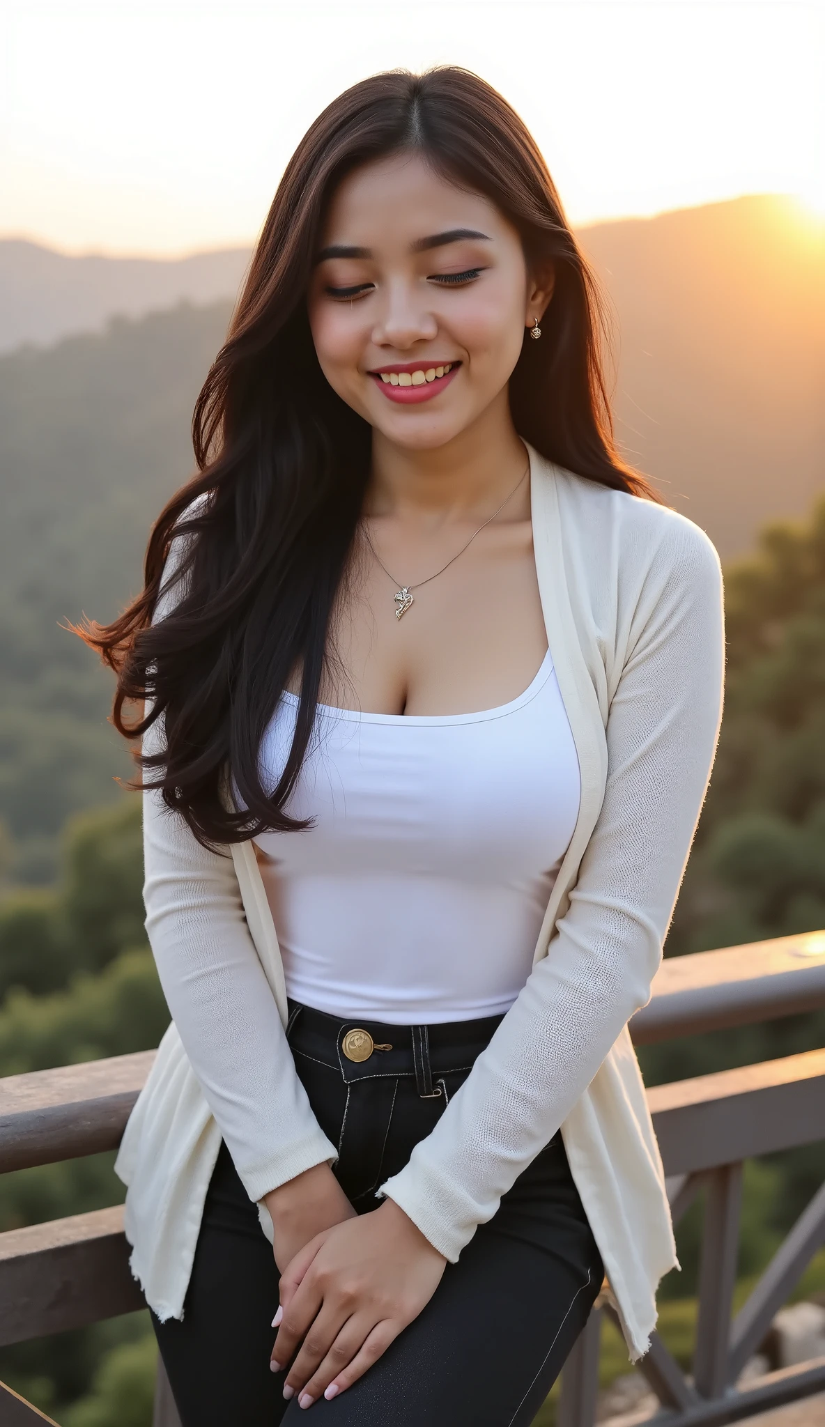 A beautiful indonesian female with long tangled hairstyle, 25 years old. indonesian face, highly detailed beautiful face and eyes, attractive face, charming face, Full body, chubby body, white skin, medium breasts, cleavage, anatomically correct, black hair, long tangled hair, hair covers ears. Wearing black jeans, white shirt and white cardigan, necklace. Background overlooking a beautiful mountains in afternoon, sunset, orange light in the sky. Standing on the edge of bridge, facing forward, hands on thighs, closed eyes, smile showing teeth. Ultra detailed chubby body, highly detailed appearance, hyper quality image. Highly detailed background. Hyper resolution. Ultra high realistic image. 16k. Ultra detailed
