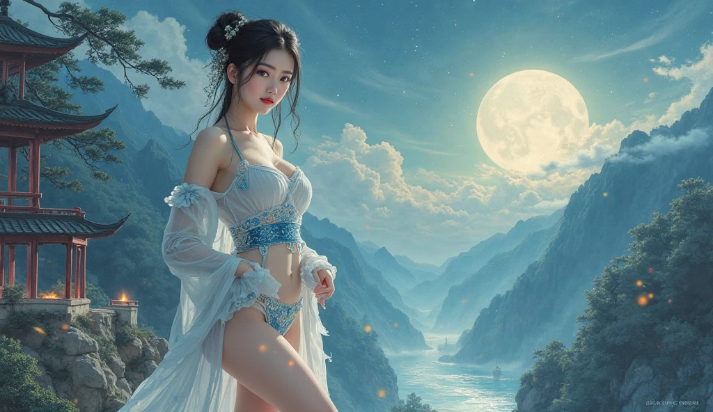 A stunning traditional Chinese painting, a Girl, graceful and elegant figure, n the milky way night sky. undressing, her breasts and legs through her clothes. The background is filled with a celestial array of stars, planets, and the silvery Milky Way, creating a sense of wonder and awe. The overall atmosphere of the painting is serene and romantic, with a sense of timelessness.