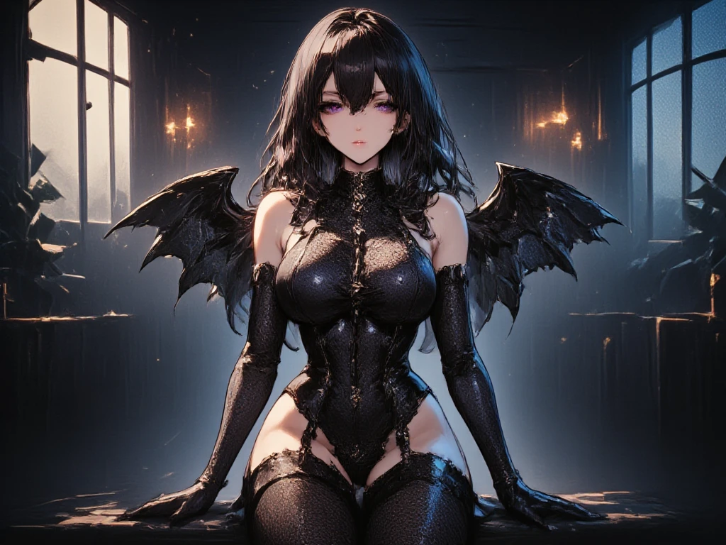 (masterpiece, best quality, ultra-detailed, best shadow), (detailed background,dark fantasy), (beautiful detailed face), high contrast, (best illumination, an extremely delicate and beautiful), ((cinematic light)), colorful, hyper detail, dramatic light, intricate details, (1 girl, solo,black hair, sharp face,low twintails,red eyes, hair between eyes,dynamic angle), blood splatter, swirling black light around the character, depth of field,black light particles,(broken glass),magic circle,