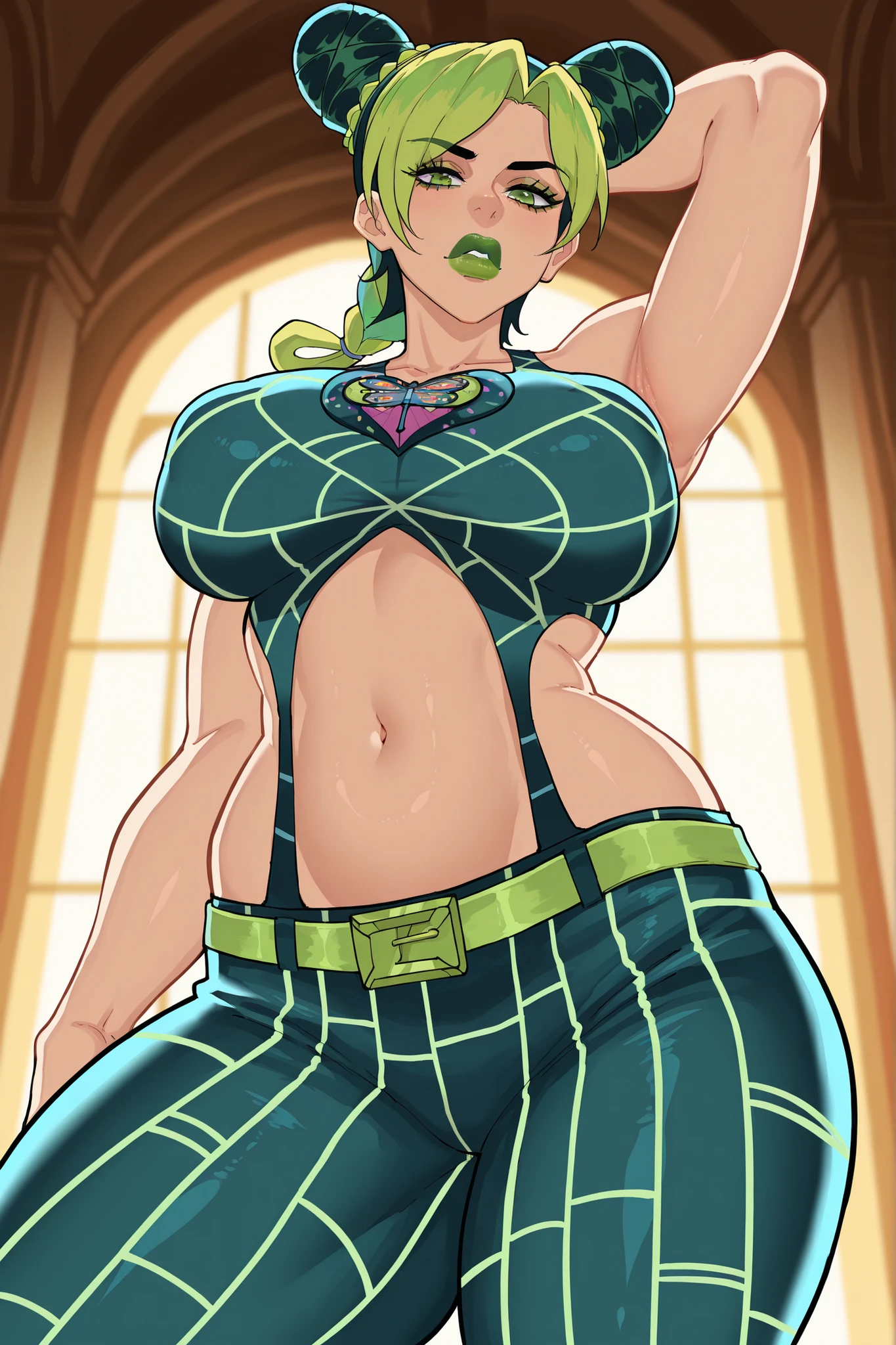 Gere uma imagem realista no estilo anime de Nami de One Piece.(garota madura) (De corpo inteiro e biquini de latex verde ) pose sexy, Capture seu visual diferenciado com o cabelo laranja, uma camisa listrada azul e branca, and a joyful expression, Arremesso longo , corpo inteiro, Athletic curvilinear, mama grande, coxas,