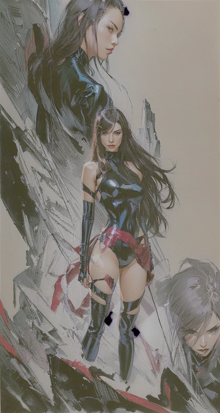 Illustration art,Whole body movement,Sexy woman in sexy clothes,Women kill,Very impactful graphics,Very cool facial expression,the sideview,with his back to the viewer,Gorgeous background,Great erotic art,painting art,Sexy art,Detailed body part details,long leges,Inspired by J.c.Ryan Decker,Epic European and American illustrations,Tall,The whole body is evenly sexy