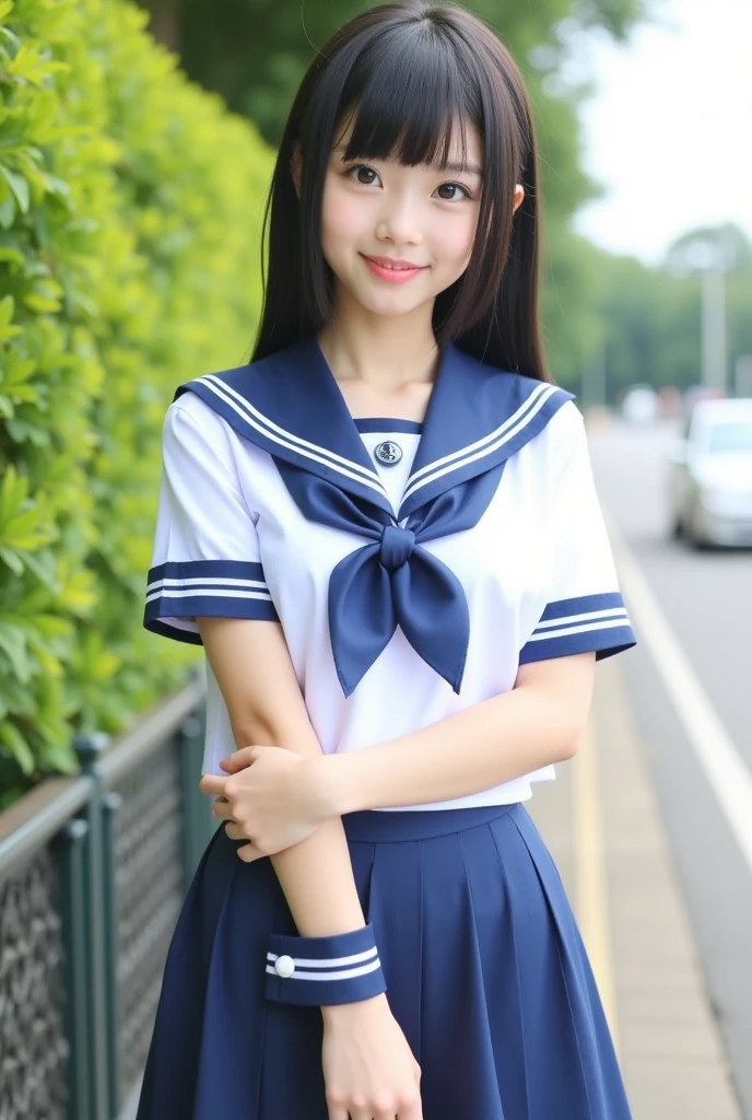 Neat and clean schoolgirl、(student clothes、a sailor suit、Ribbon knot at chest、summer clothing、The upper body is white、The skirt is dark blue)、Outside the field、(Slimed)、Photorealsitic、detaileds, Skin Texture, ultra-detailliert、Delicate and sexy collarbone、A smile、Super Detailed Face、Detailed lips、A detailed eye、tiny chest、Smaller chest、small tit、Small、flat breast、Chest emphasis、Bright face、((is standing、Schoolgirl Uniform、White panties are visible from the skirt、Sheer white shirt、Navy blue ribbon at the collar、Dark blue pleated micro mini、slightly lift the hem of the skirt with both hands,,,,,))